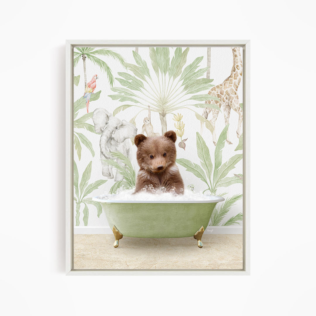 A brown bear sitting in a green bathtub filled with water, surrounded by tropical plants and animals, such as a giraffe and a parrot.