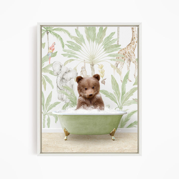 A brown bear sitting in a green bathtub filled with water, surrounded by tropical plants and animals, such as a giraffe and a parrot.