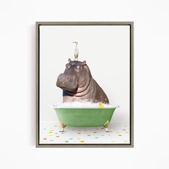 A hippopotamus sitting in a green bathtub, with a bird perched on its head.