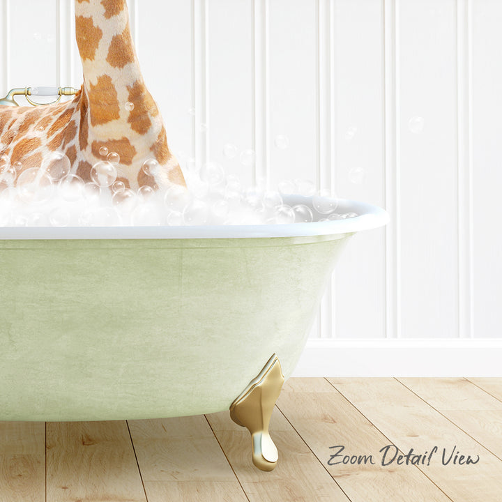 A giraffe standing in a bathtub filled with bubbles, with a wooden floor and white walls in the background.
