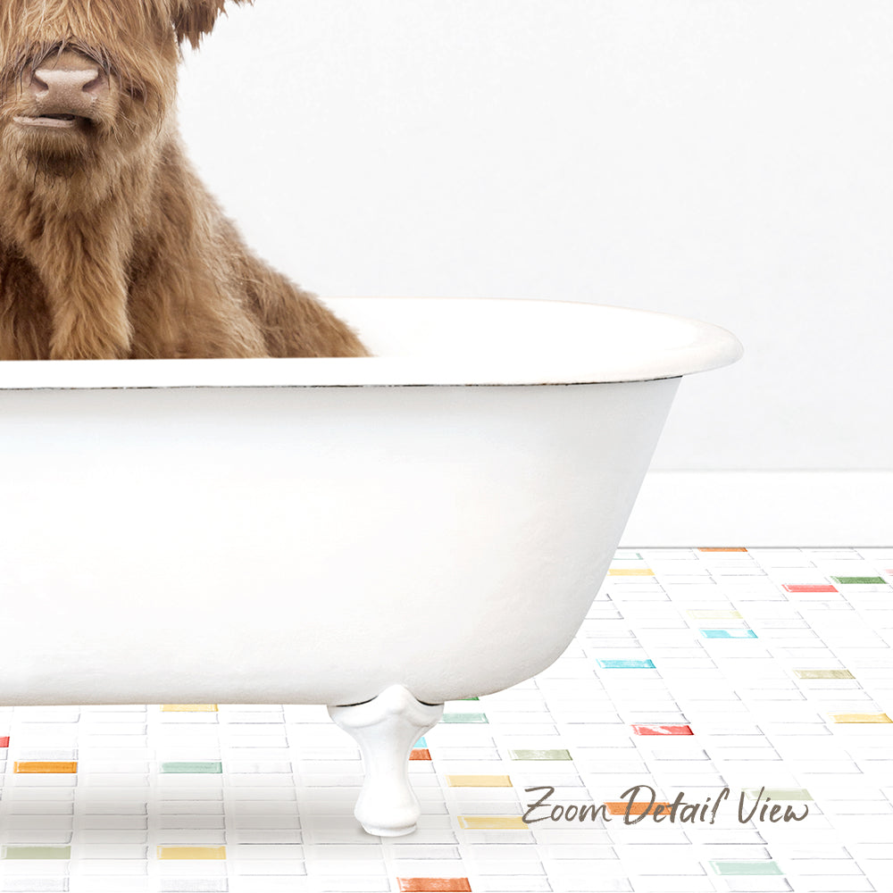 A brown cow is sitting in a white bathtub, with a colorful tiled floor in the background.