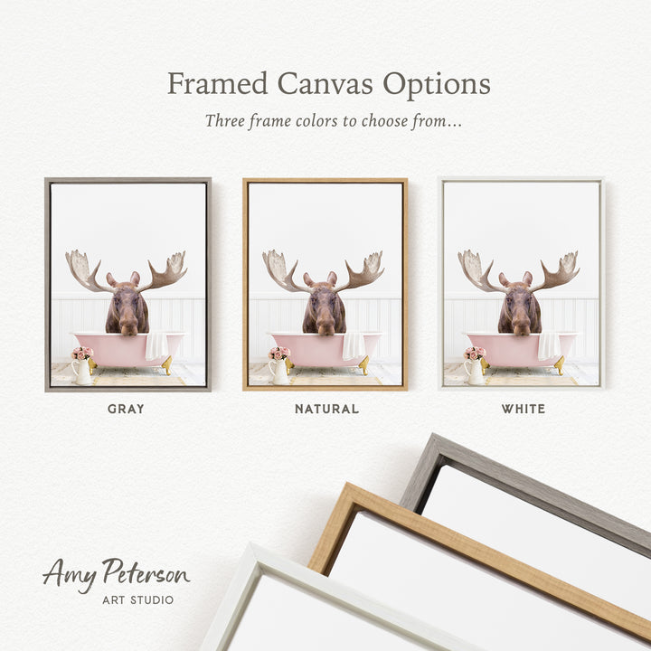 three framed canvas options, each featuring a moose in a pink bathtub. The options include a gray frame, a natural frame, and a white frame.