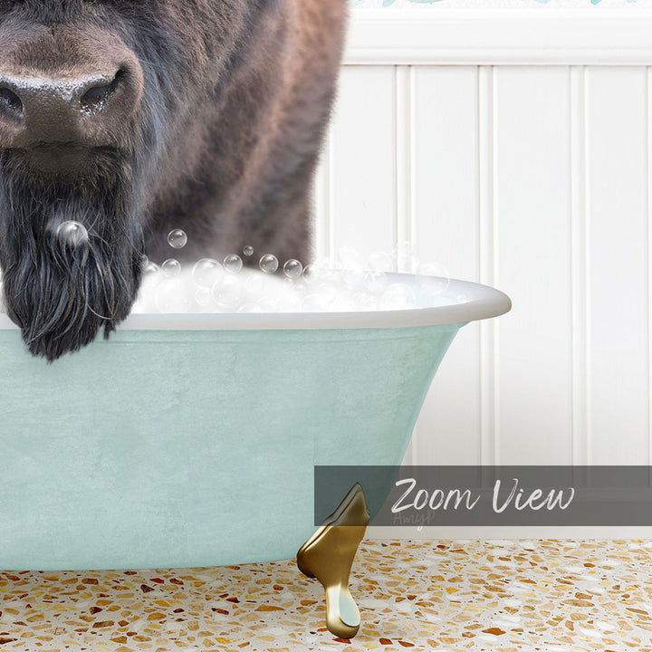 A close-up of a dog's face peeking out of a light blue bathtub filled with bubbles, with a gold faucet and a text overlay that reads "Zoom View".