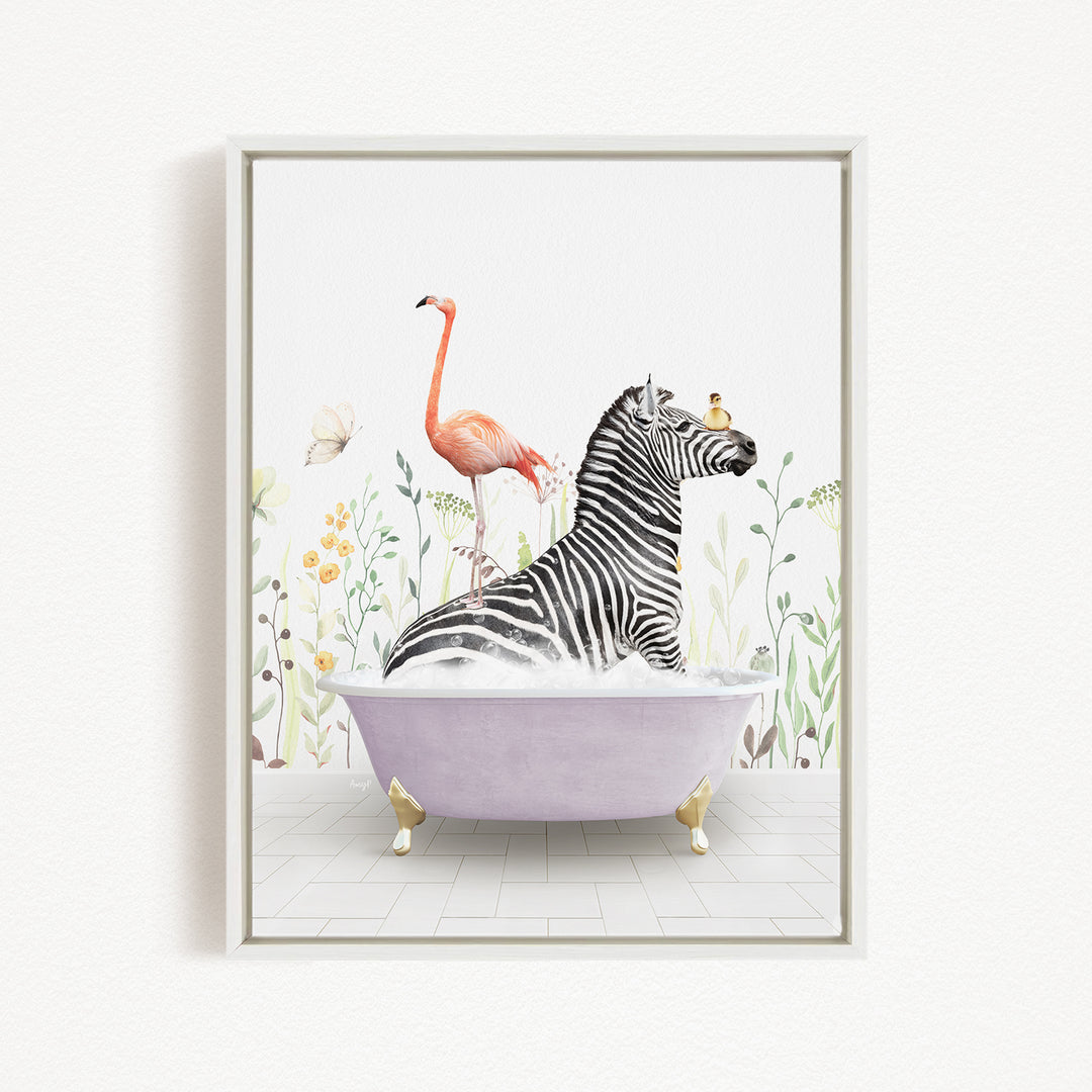 A zebra sitting in a bathtub, surrounded by a pink flamingo, a butterfly, and various flowers and plants.
