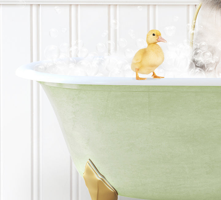 a rubber duck in a bathtub filled with bubbles