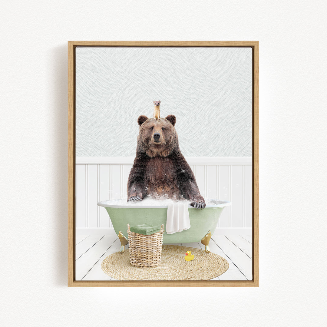 A brown bear sitting in a green bathtub, surrounded by a basket of toys and a yellow rubber duck.
