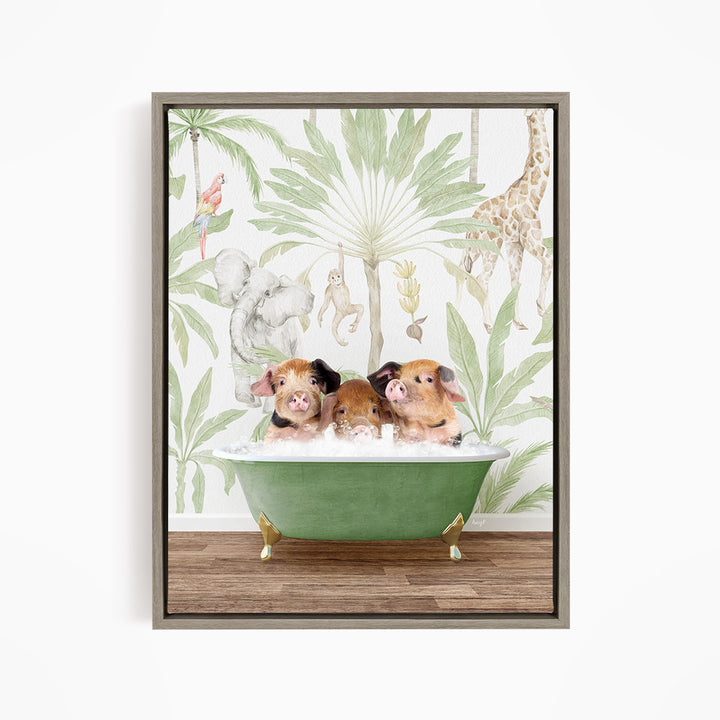 A framed print depicting three pigs sitting in a green bathtub, surrounded by a tropical jungle scene with various animals and plants.