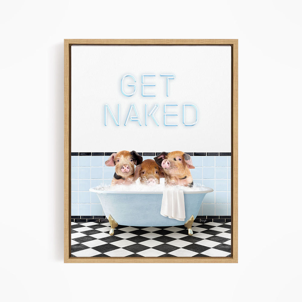 Three adorable pigs sitting in a bathtub, with the text "GET NAKED" displayed above them.