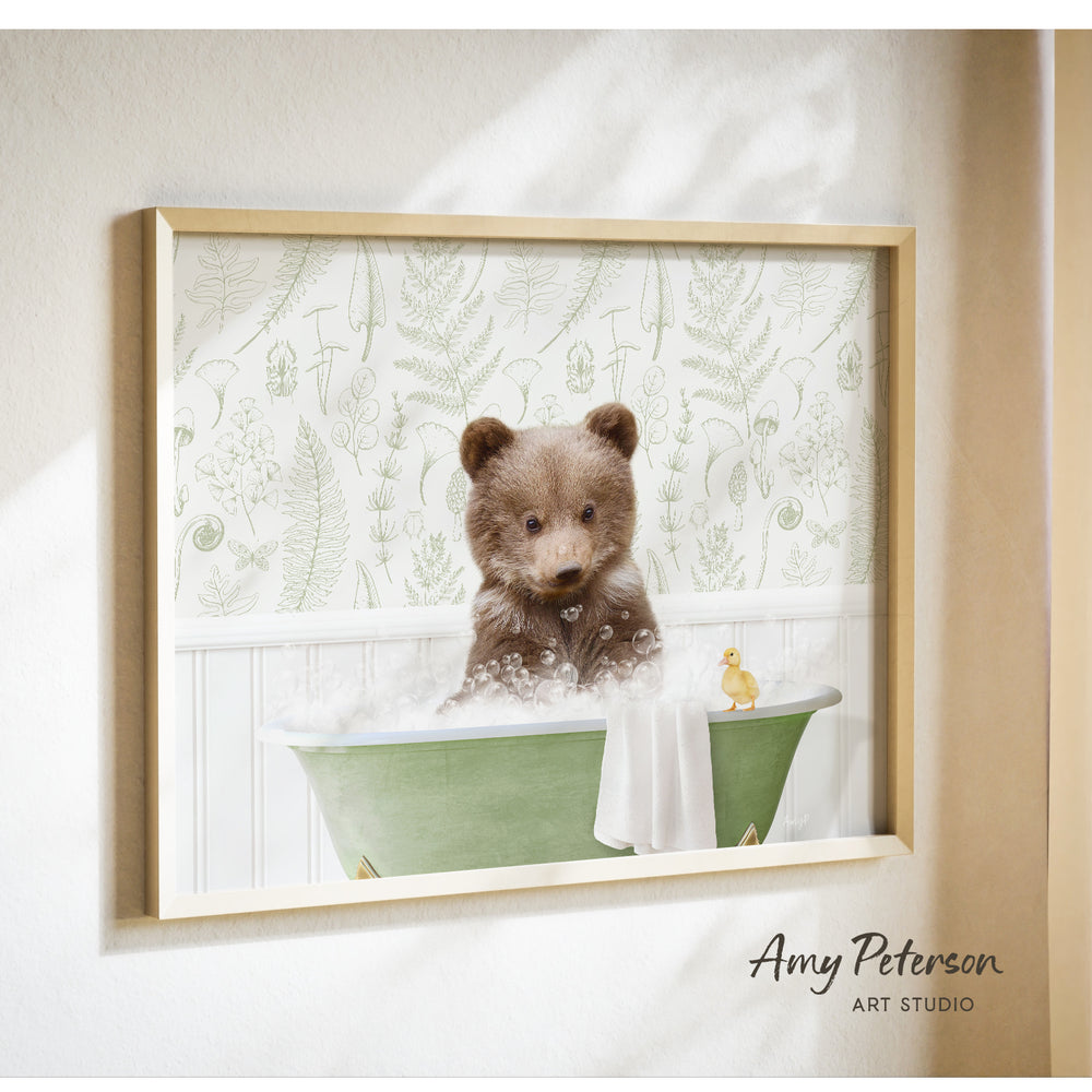 A brown bear sitting in a green bathtub, surrounded by bubbles, with a yellow duck nearby.