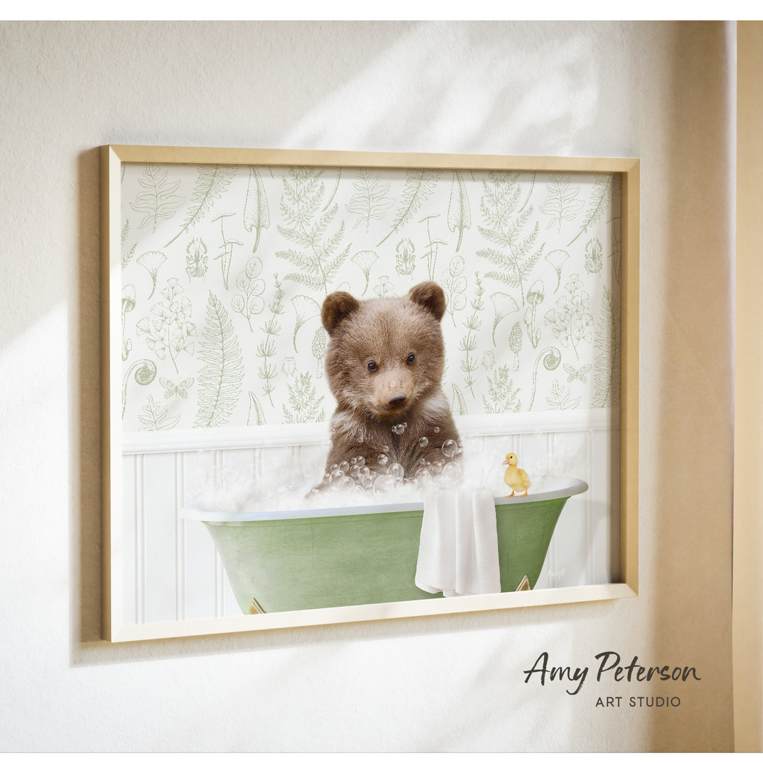 A brown bear sitting in a green bathtub, surrounded by bubbles, with a yellow duck nearby.