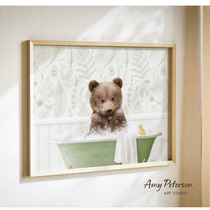 A brown bear sitting in a green bathtub, surrounded by bubbles, with a yellow duck nearby.