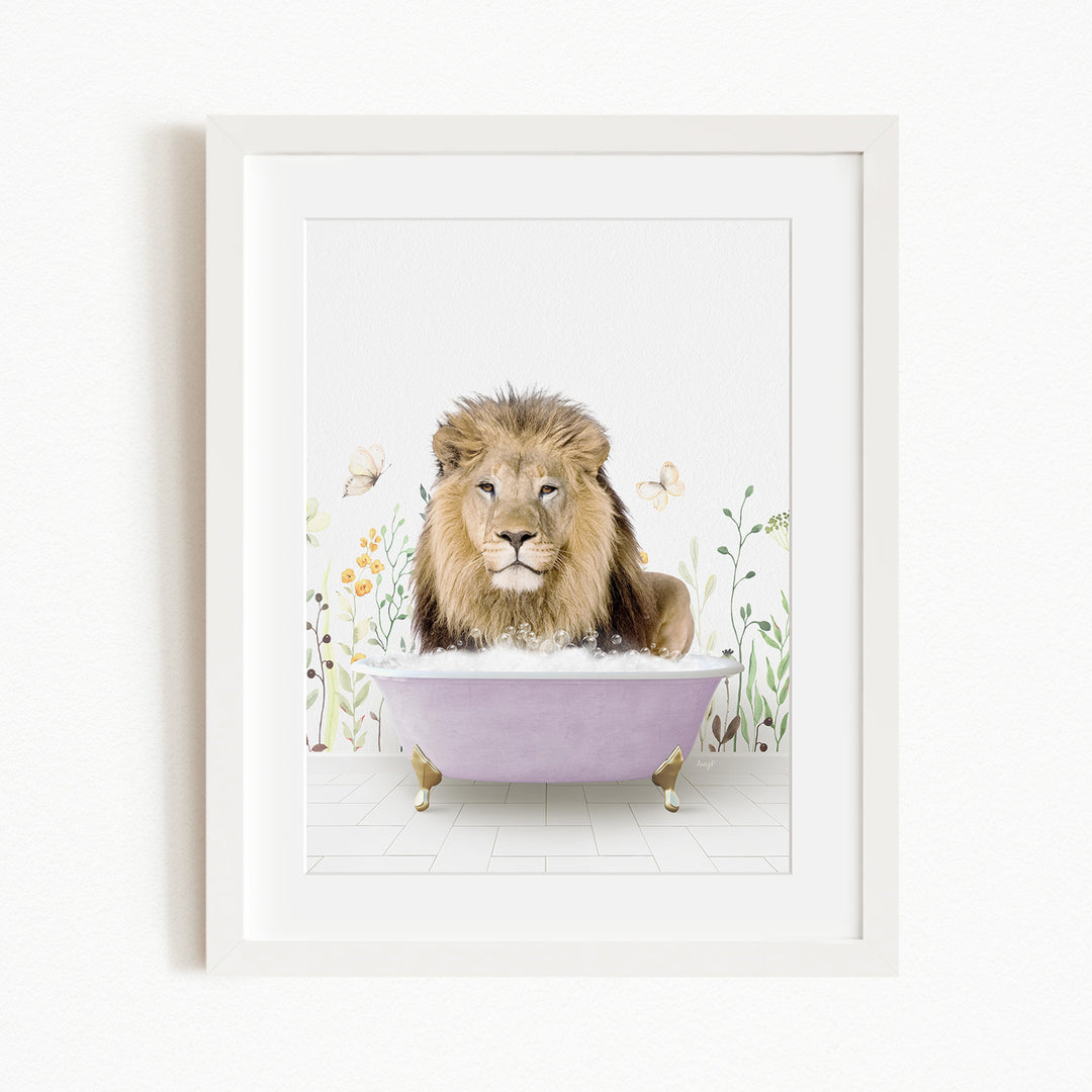 A lion sitting in a purple bathtub, surrounded by flowers and butterflies.
