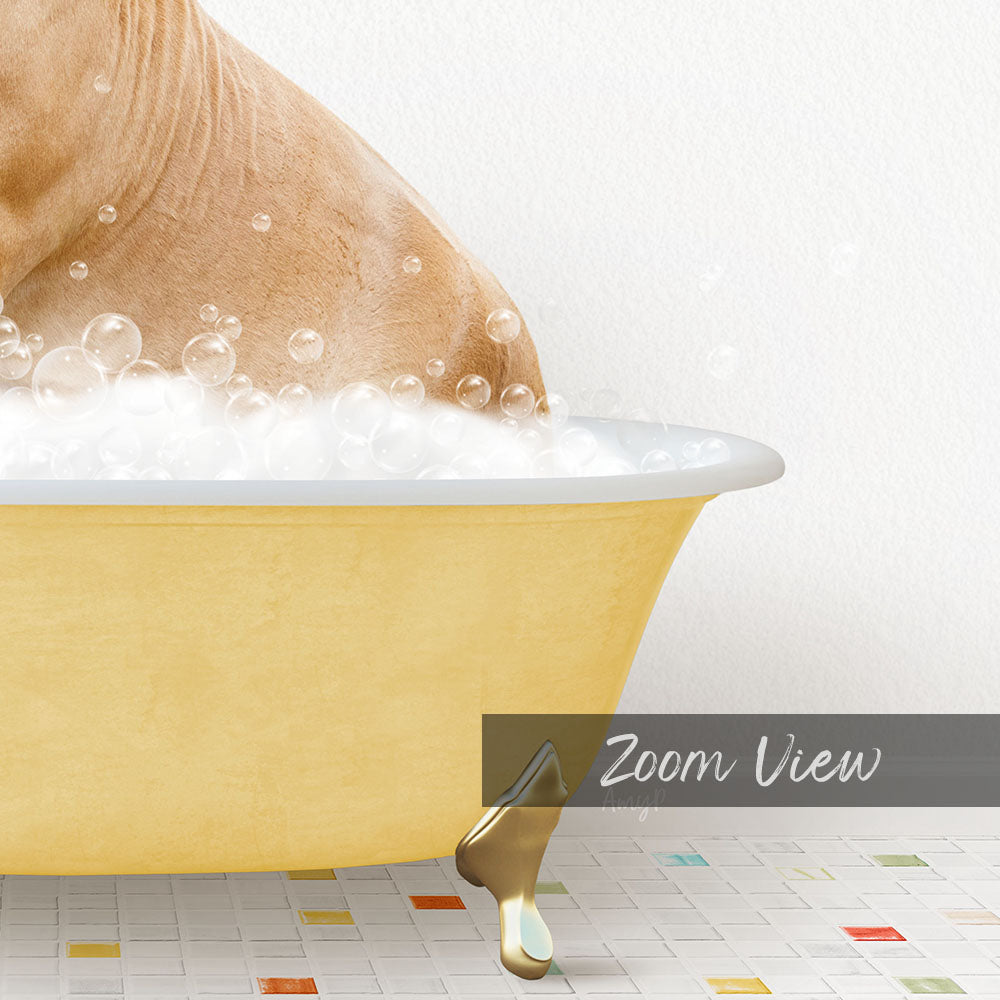 A close-up of a dog's body partially submerged in a yellow bathtub filled with bubbles, with a text overlay indicating a "Zoom View" perspective.