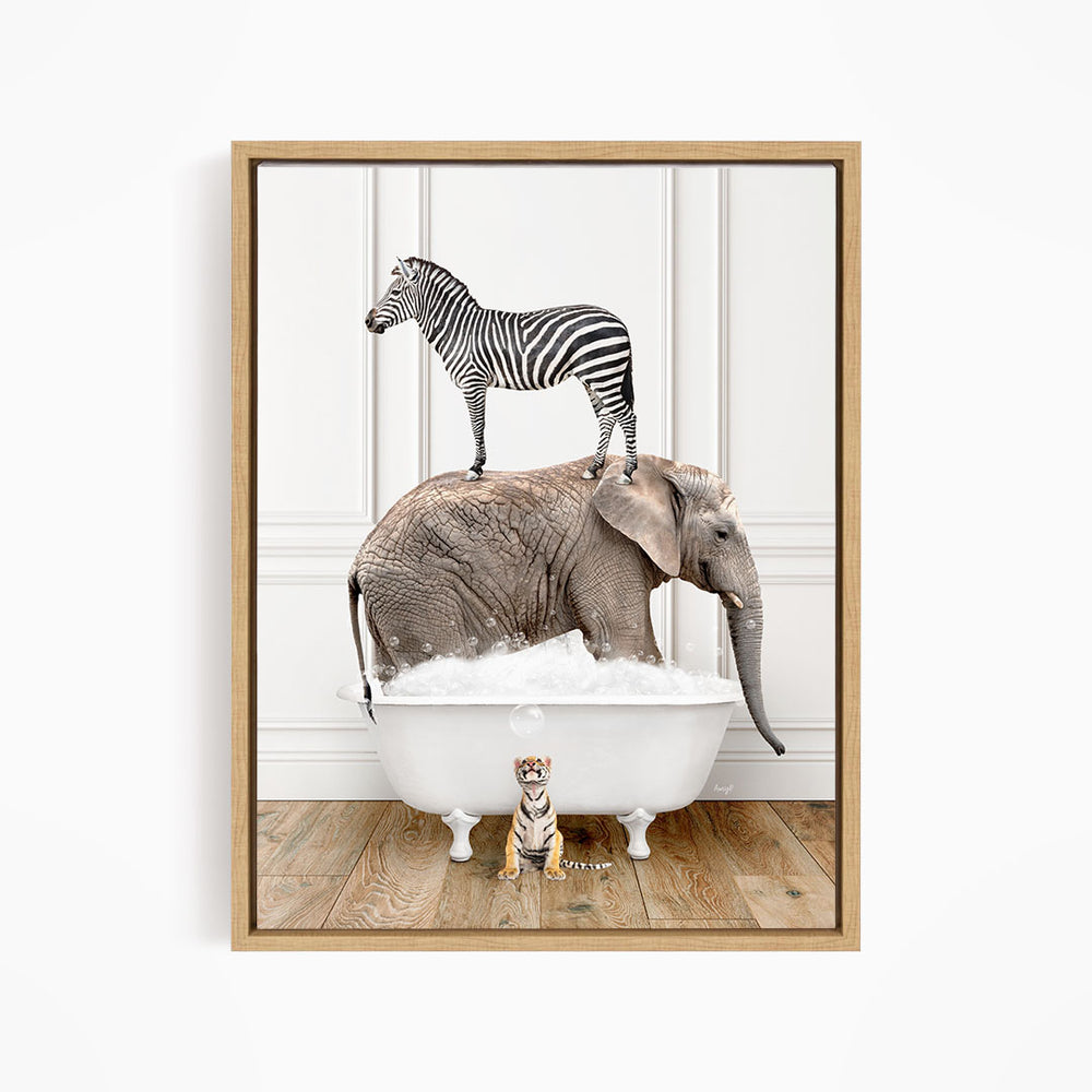 A zebra stands on an elephant's back, while an elephant is partially submerged in a bathtub, with a small tiger figurine sitting on the edge of the tub.