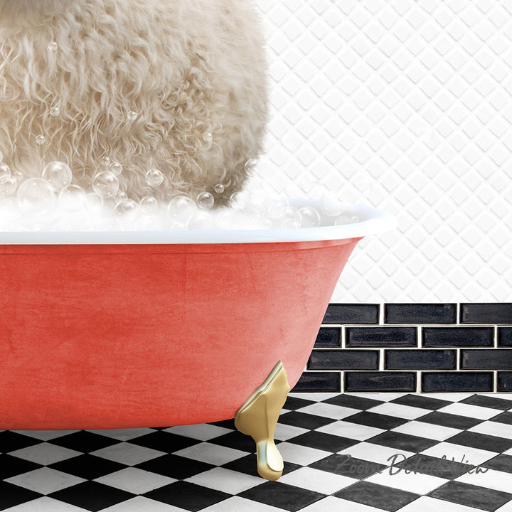 A fluffy white dog is sitting in a red bathtub filled with bubbles, with a black and white checkered floor and a tiled wall in the background.