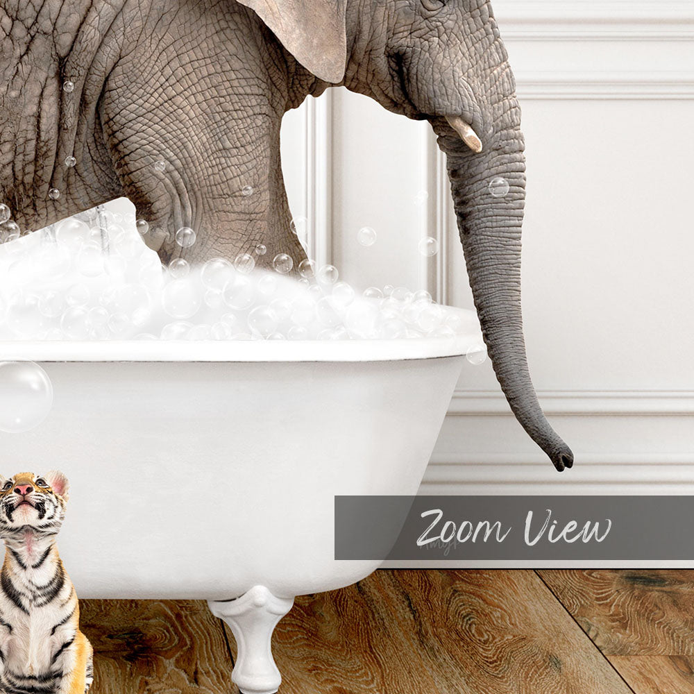 An elephant is taking a bath in a white bathtub, with a tiger sitting nearby and bubbles surrounding them.