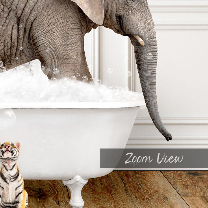 An elephant is taking a bath in a white bathtub, with a tiger sitting nearby and bubbles surrounding them.