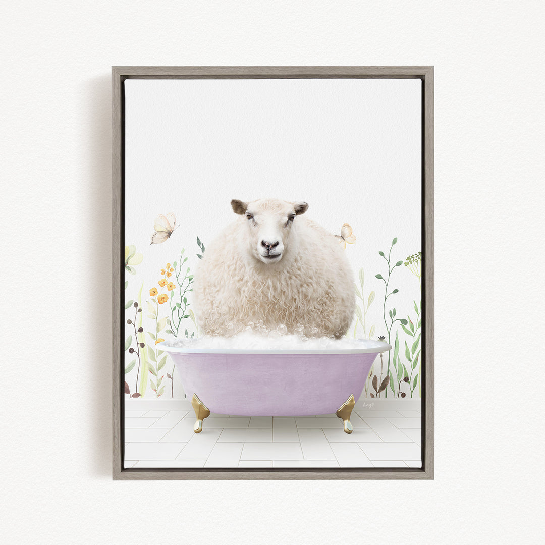 A fluffy white sheep sits in a pink bathtub filled with bubbles, surrounded by flowers and butterflies in a whimsical, nature-inspired scene.