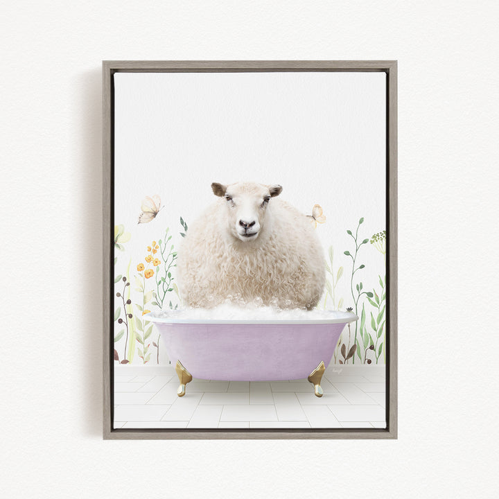 A fluffy white sheep sits in a pink bathtub filled with bubbles, surrounded by flowers and butterflies in a whimsical, nature-inspired scene.