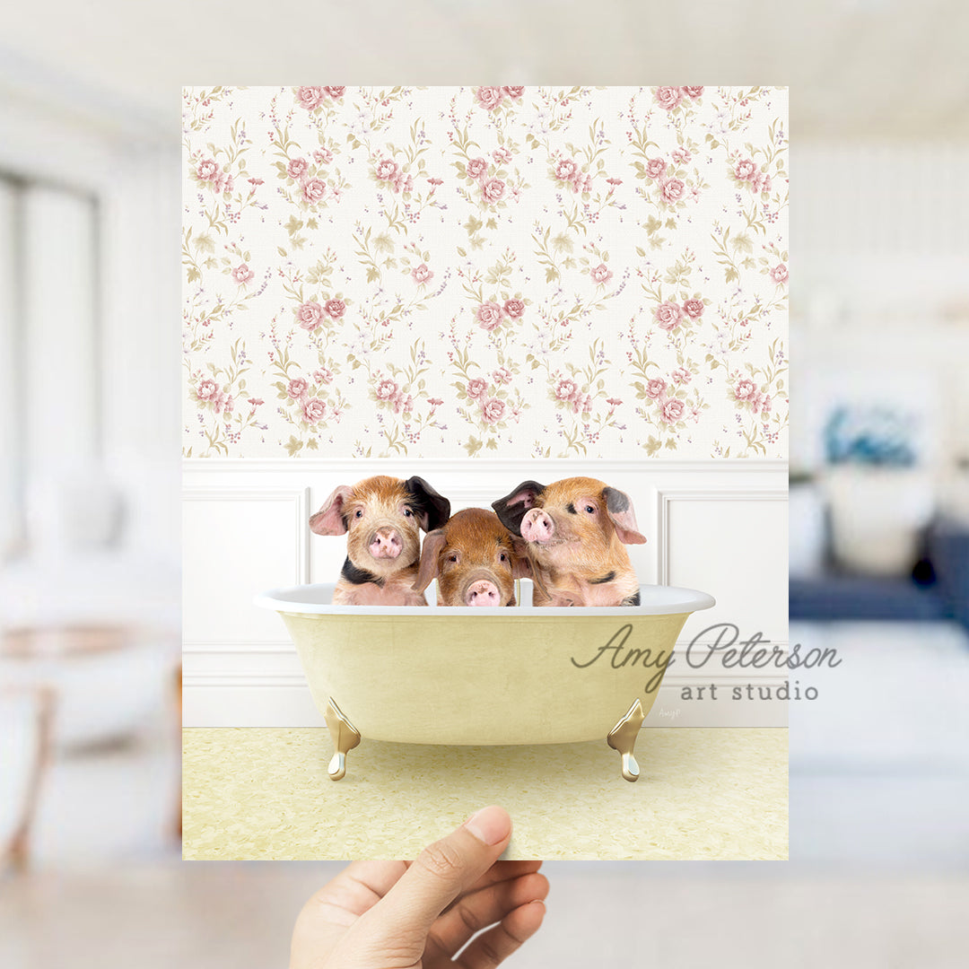 a person holding a card with three dogs in a bathtub