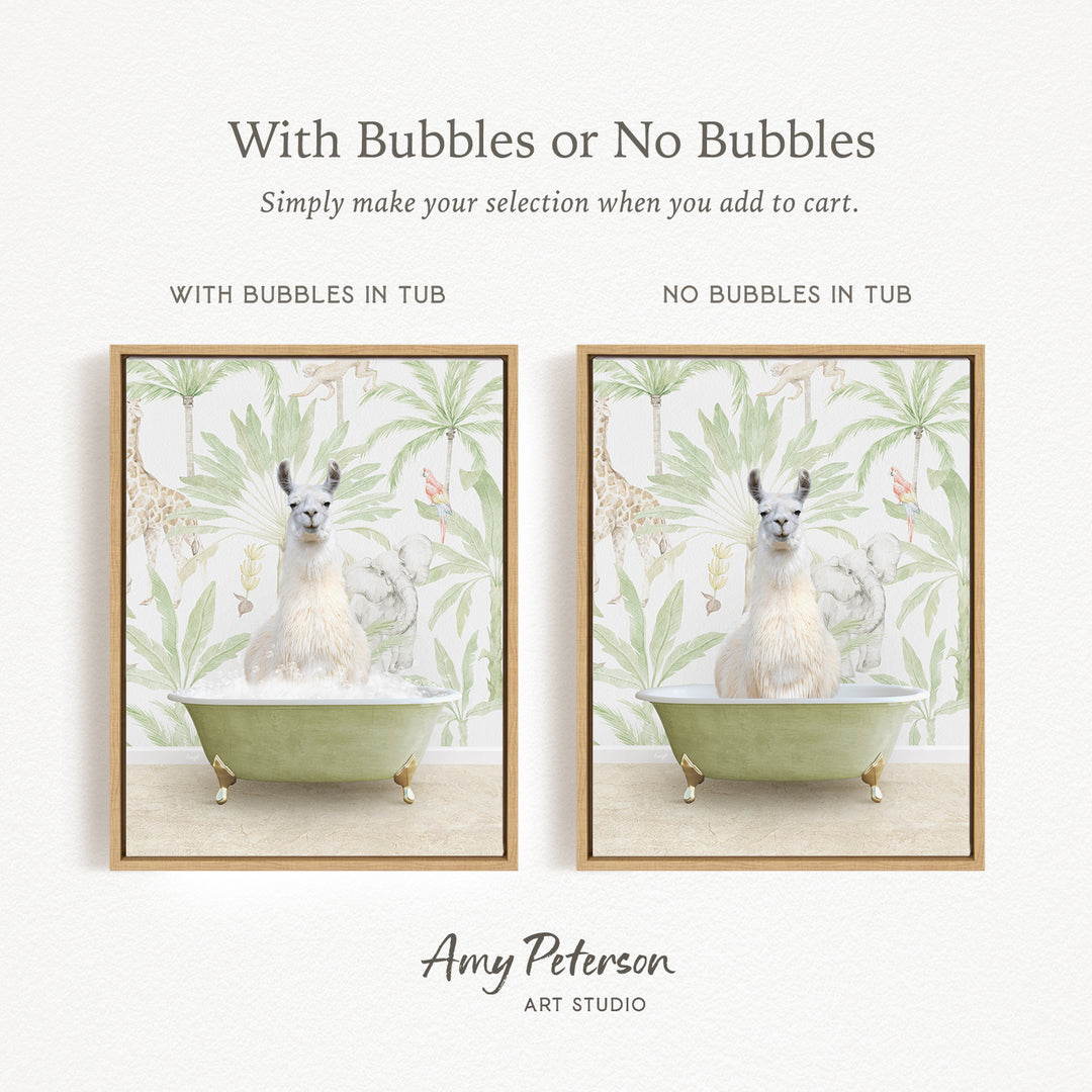 The image is a collage of two framed pictures, each featuring a white llama sitting in a green bathtub. The llama is surrounded by a tropical leaf pattern, creating a whimsical and playful scene. The text above the images reads "With Bubbles or No Bubbles" and "Simply make your selection when you add to cart." The artist's name, Amy Peterson, is displayed at the bottom of the image.