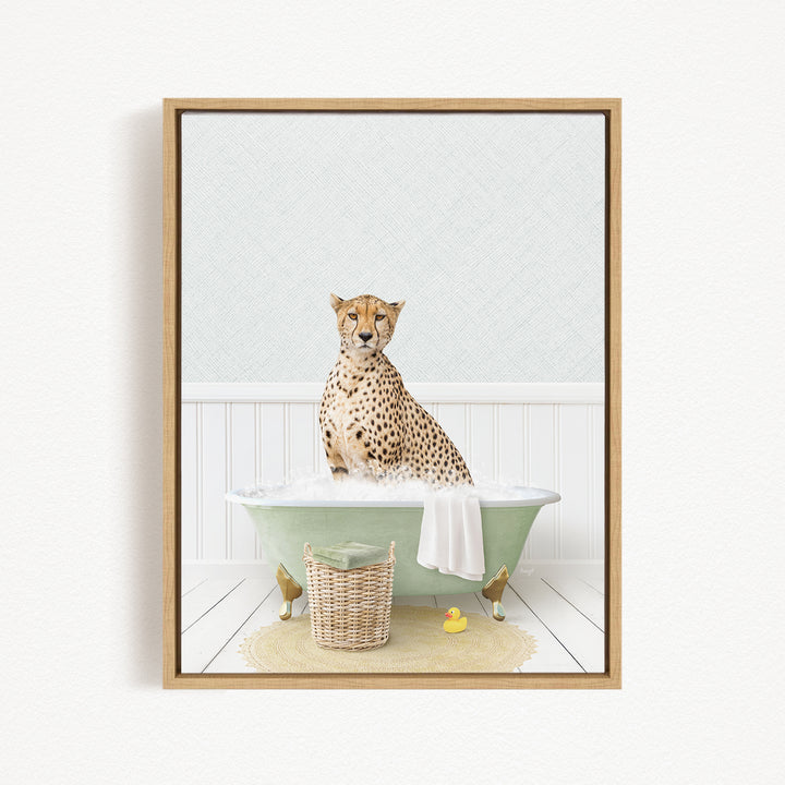 A cheetah sitting in a green bathtub filled with water, surrounded by rubber ducks and a basket.