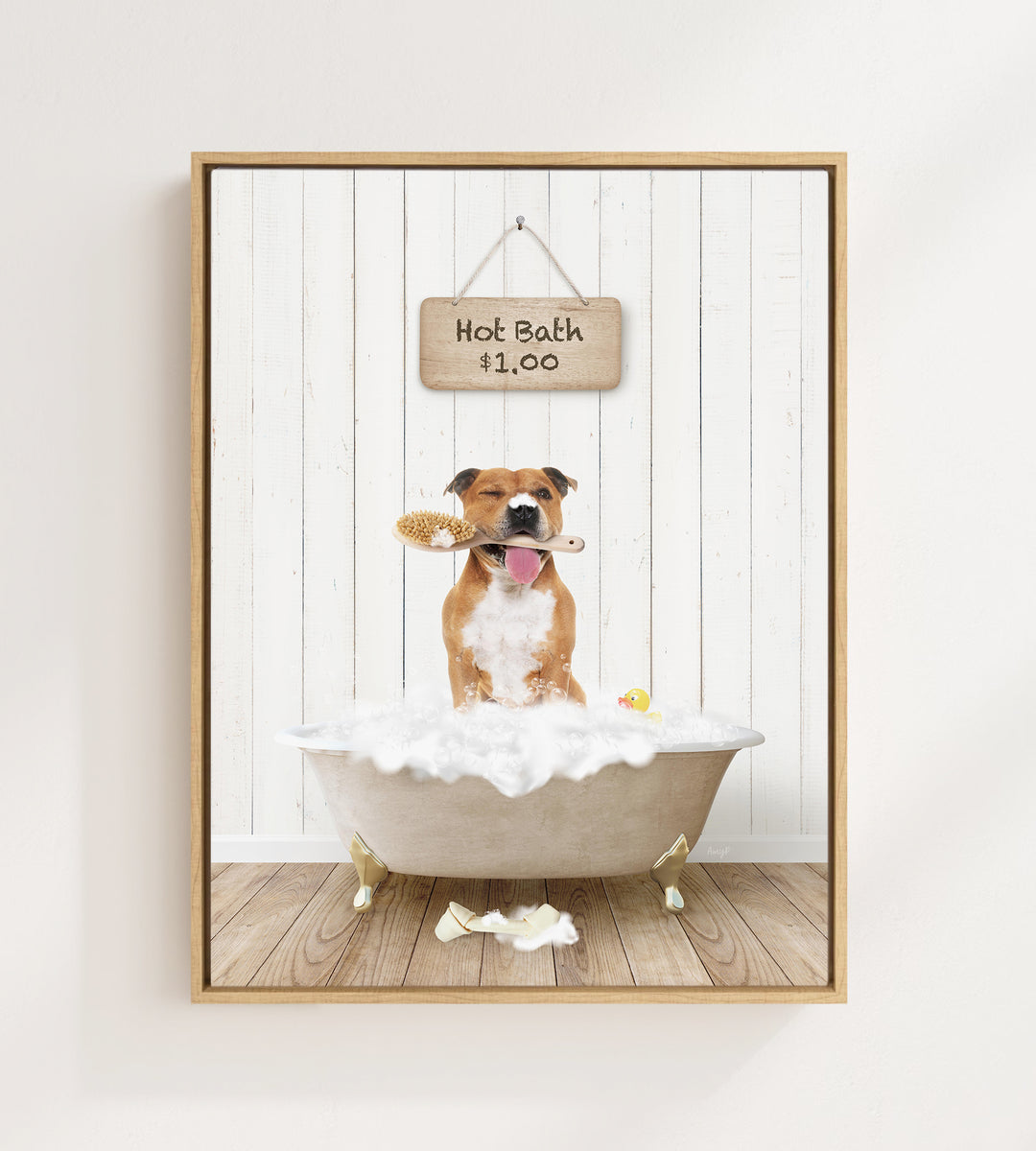 A brown and white dog is sitting in a white bathtub filled with bubbles, holding a brush in its mouth, with a sign above the bathtub that reads "Hot Bath $1.00".