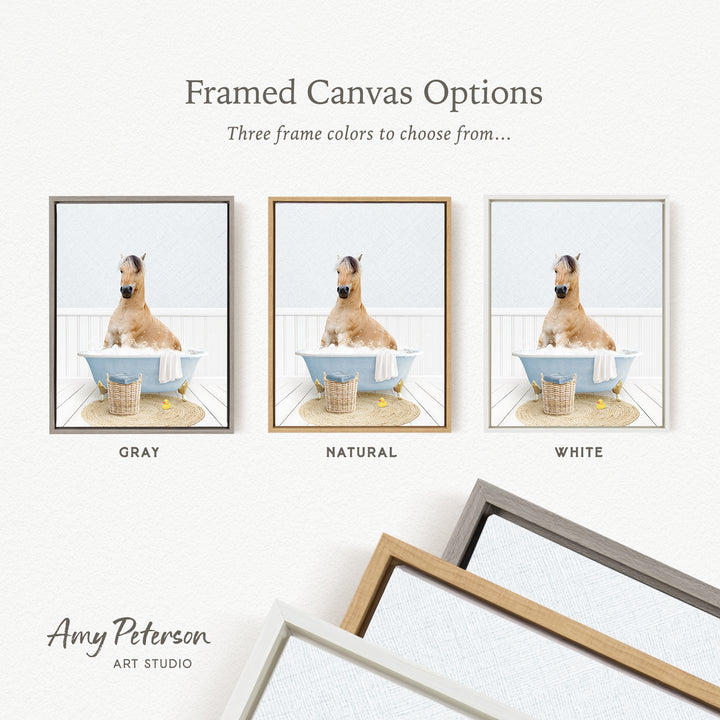 The image is a framed canvas option showcasing three different colored frames for a photograph of a dog sitting in a bathtub.