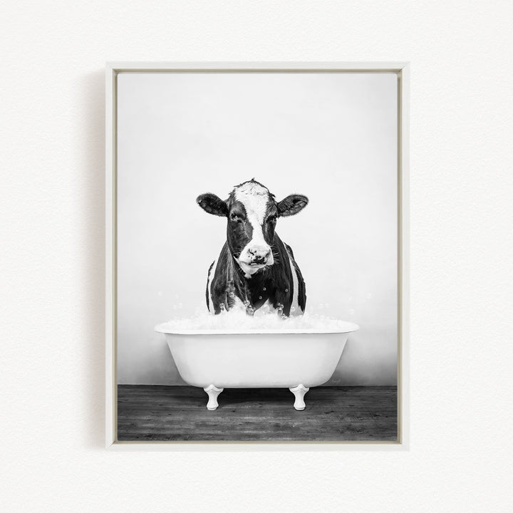 A black and white image of a cow standing in a bathtub filled with water.