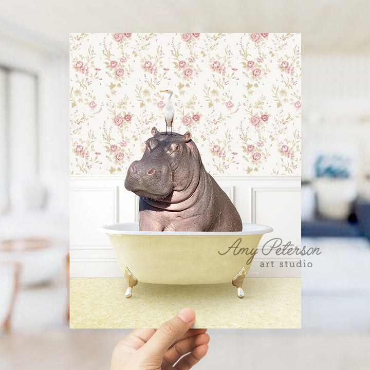 a hippo in a bathtub with a crown on its head