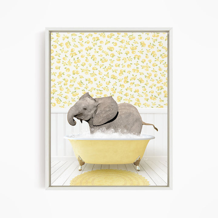 A gray elephant is sitting in a yellow bathtub filled with water, surrounded by a yellow floral wallpaper.