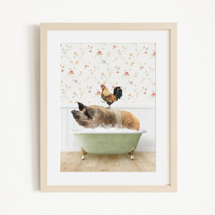 A pig is sitting in a green bathtub, with a rooster perched on its back, against a floral wallpaper backdrop.