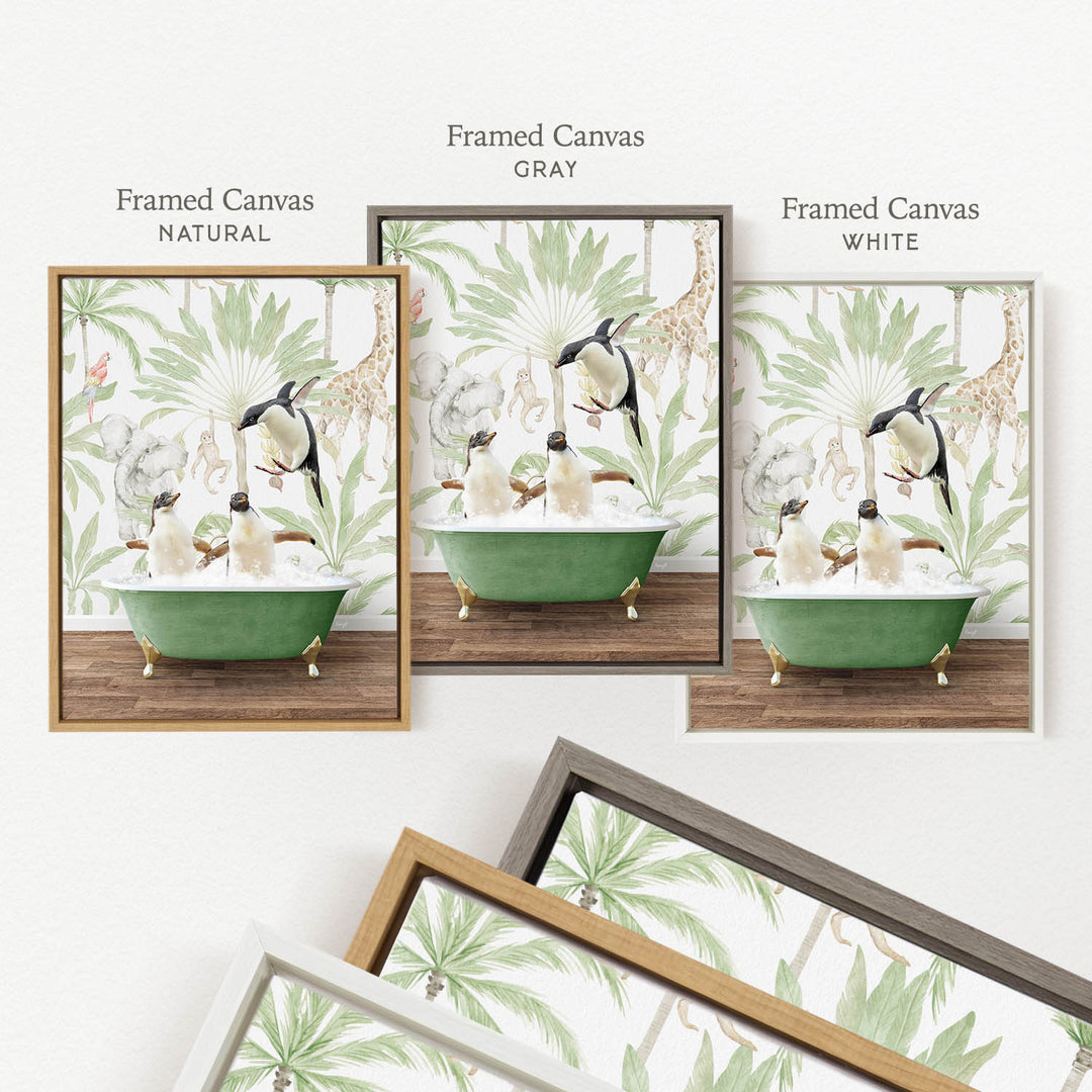 three framed prints of the same artwork, each with a different frame color: natural, gray, and white. The artwork features a green bathtub with penguins and palm trees in the background.