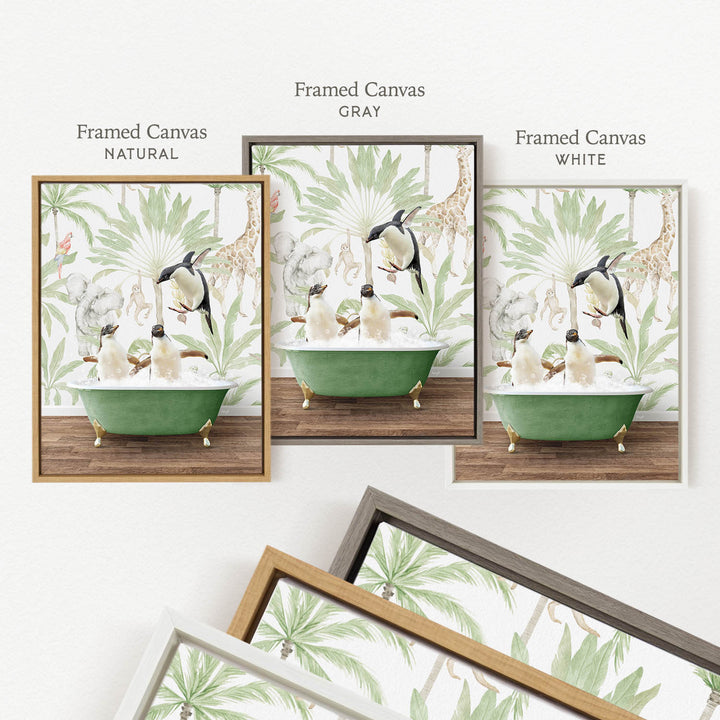 three framed prints of the same artwork, each with a different frame color: natural, gray, and white. The artwork features a green bathtub with penguins and palm trees in the background.