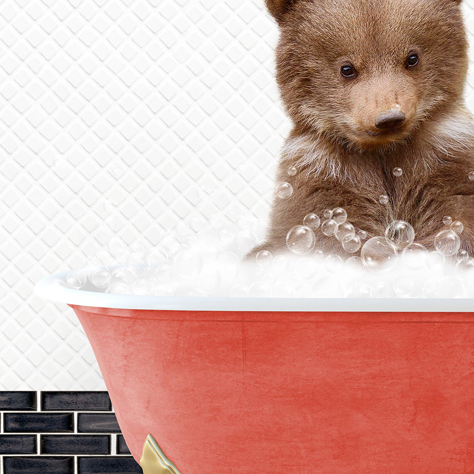 a brown bear sitting in a bath tub filled with bubbles