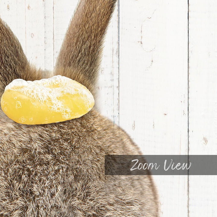 a close-up view of a fluffy brown animal's back, with a yellow object, possibly a piece of food, resting on its head.