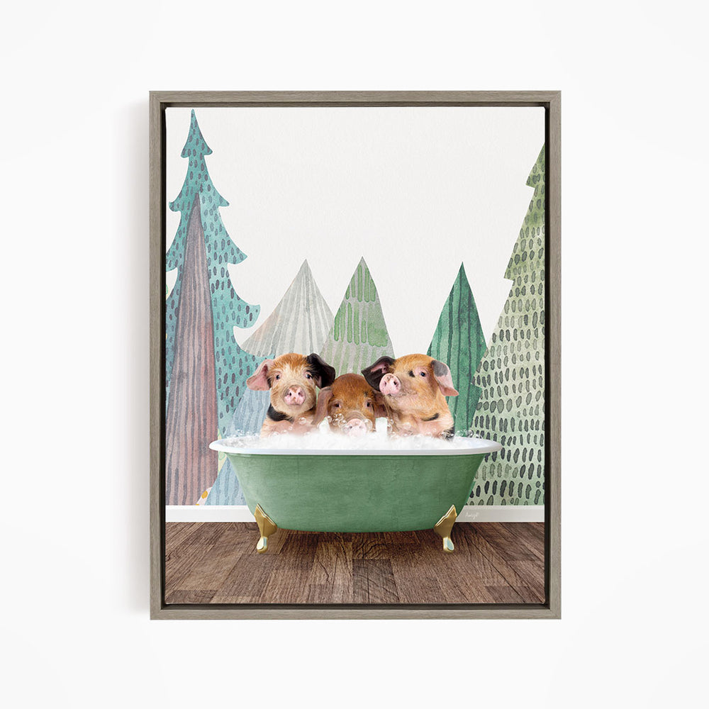 A framed image depicting three adorable pigs sitting in a green bathtub, surrounded by a forest-themed background.