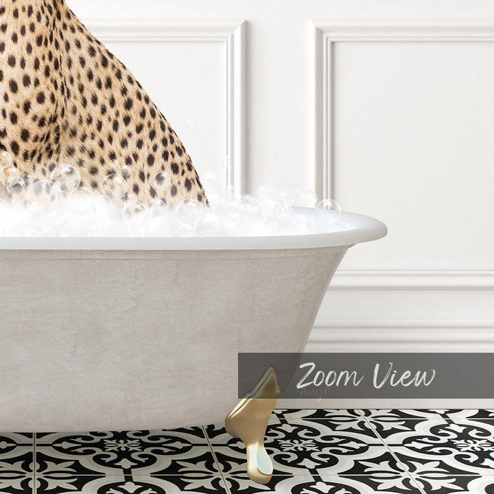 A leopard-print bathtub filled with water, with a gold faucet and a gold bathtub mat on the floor.