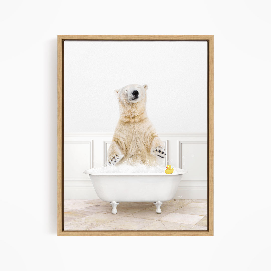 A polar bear standing in a white bathtub, with a rubber duck floating in the water.