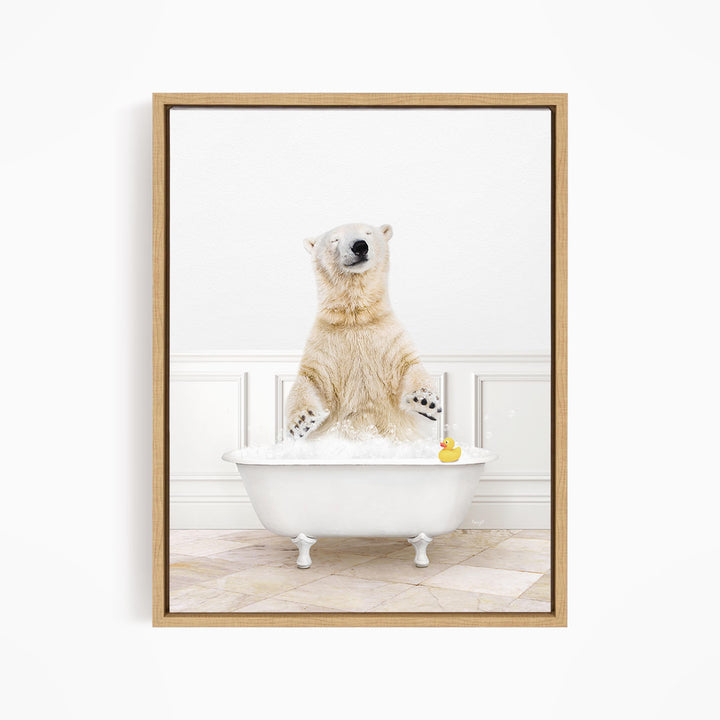 A polar bear standing in a white bathtub, with a rubber duck floating in the water.
