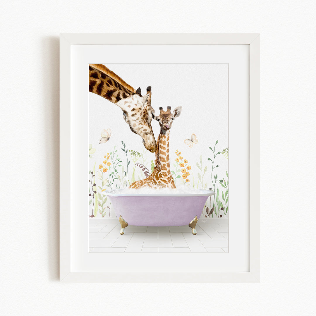 A giraffe and a baby giraffe are sitting in a purple bathtub filled with water, surrounded by flowers and butterflies.