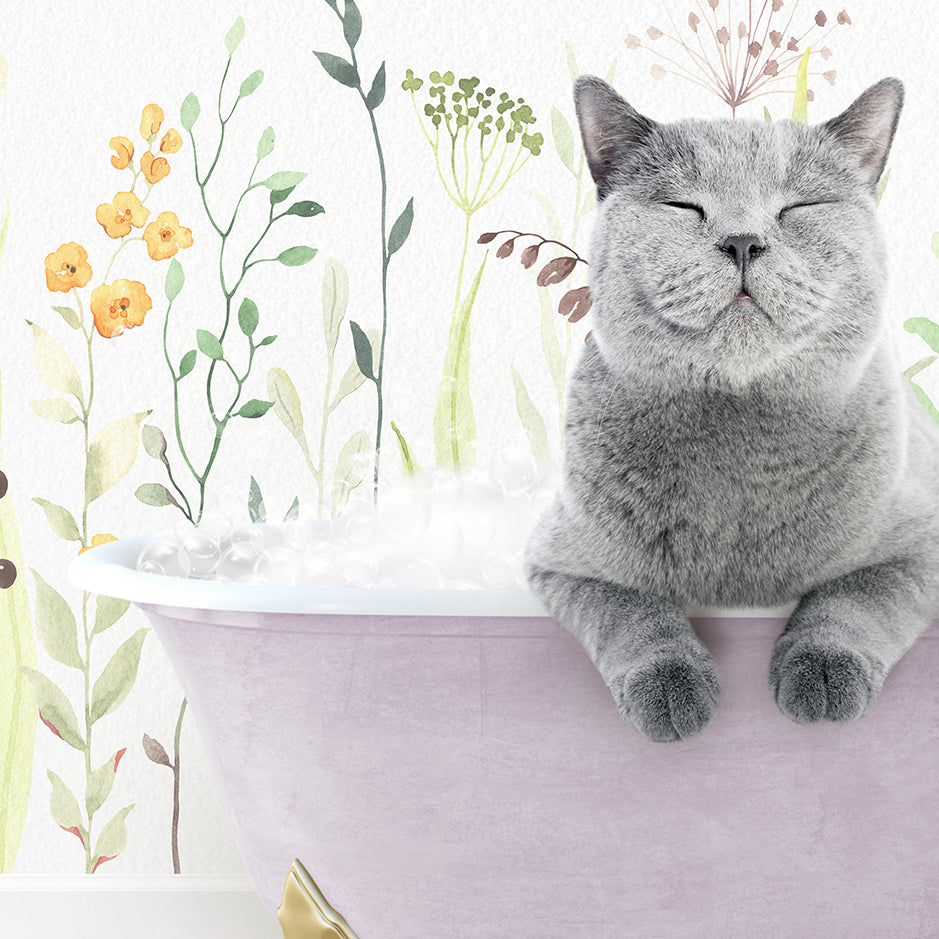 a cat is sitting in a bathtub with its eyes closed