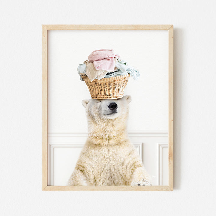 a polar bear with a basket on his head