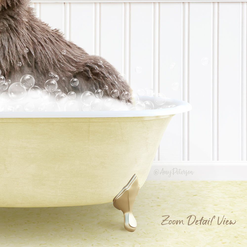 A close-up of a dog's paw submerged in a bathtub filled with bubbles, with a white wall and text overlay in the background.