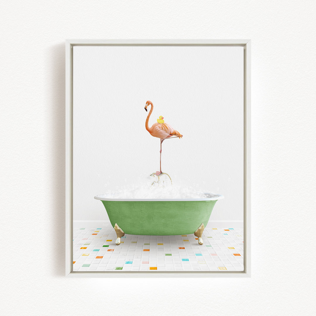 A pink flamingo stands on a green bathtub filled with bubbles, surrounded by a colorful tiled floor.