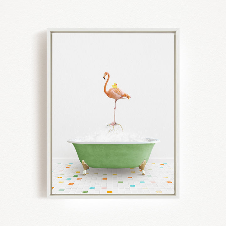 A pink flamingo stands on a green bathtub filled with bubbles, surrounded by a colorful tiled floor.