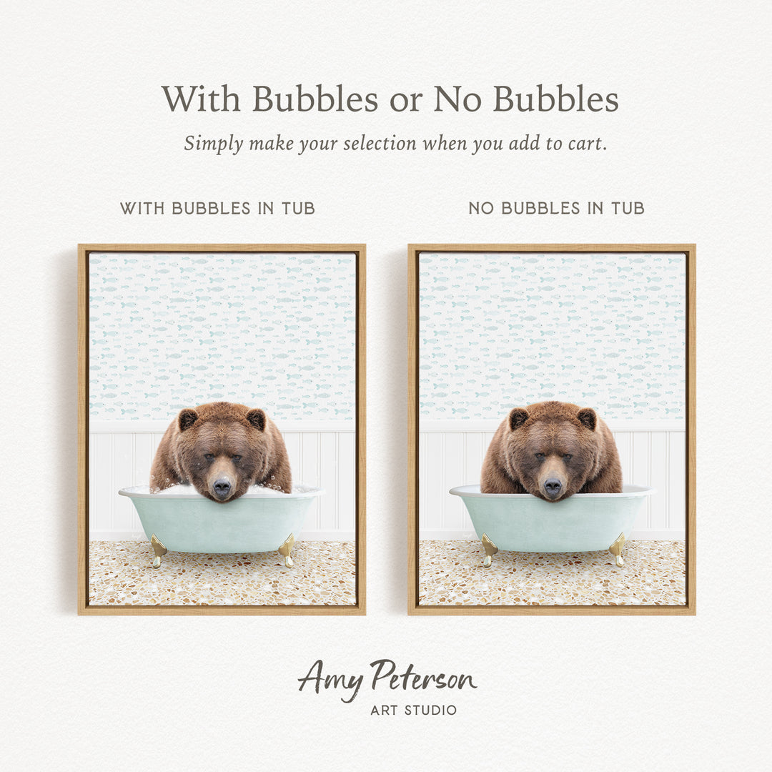 The image is a collage of two framed pictures, each depicting a bear sitting in a bathtub. The bear in the bathtub has bubbles, while the bear in the tub without bubbles. The text above the images reads "With Bubbles or No Bubbles Simply make your selection when you add to cart."