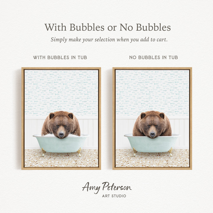The image is a collage of two framed pictures, each depicting a bear sitting in a bathtub. The bear in the bathtub has bubbles, while the bear in the tub without bubbles. The text above the images reads "With Bubbles or No Bubbles Simply make your selection when you add to cart."