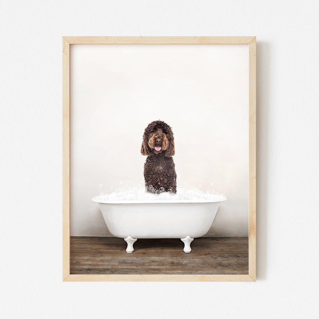 a brown dog sitting in a bathtub with foam