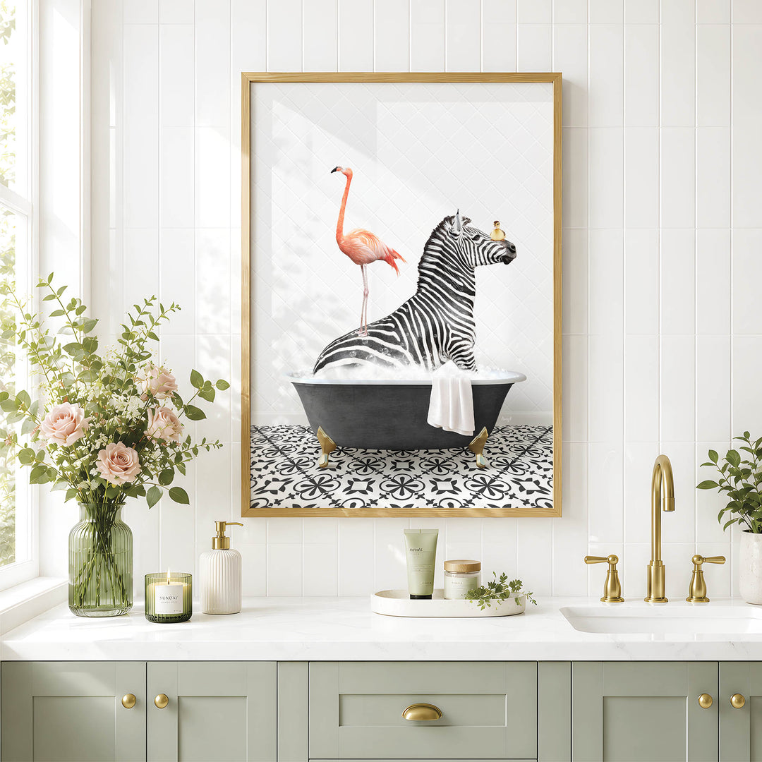 a bathroom scene with a framed picture of a zebra sitting in a bathtub, accompanied by a pink flamingo. The bathroom has a white countertop, a sink, and a vase of flowers. The overall color scheme is predominantly white and green, creating a serene and calming atmosphere.